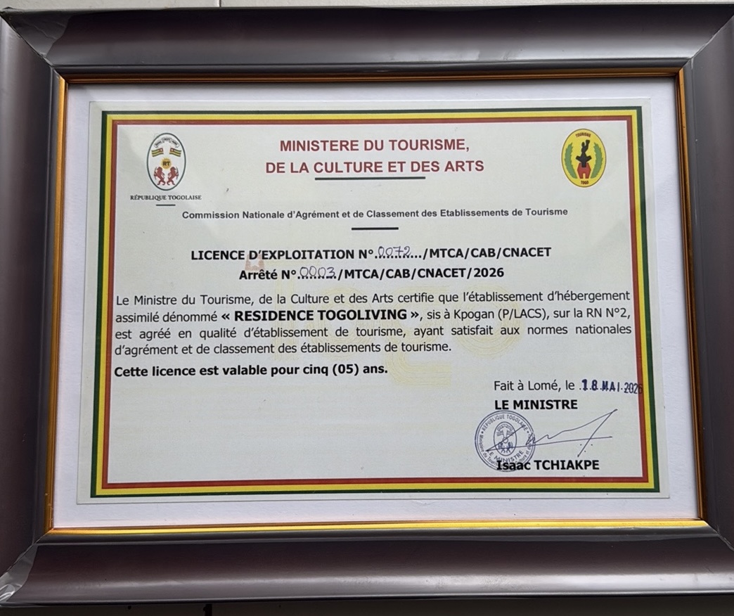 Licence de classement — Résidence Togoliving — Hôtel 4 Étoiles